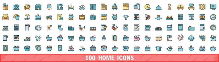 100 home icons set, color line style vector