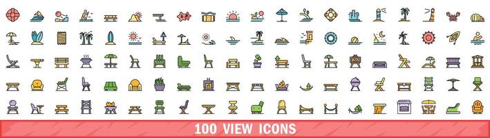 100 view icons set, color line style vector