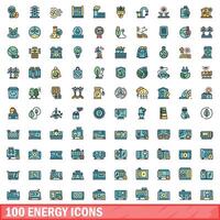 100 energy icons set, color line style vector