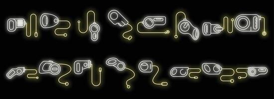 Retractable dog leash icons set vector neon