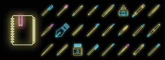 Calligraphy tools icons set vector neon