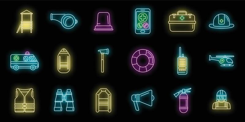 Rescuer icons set vector neon