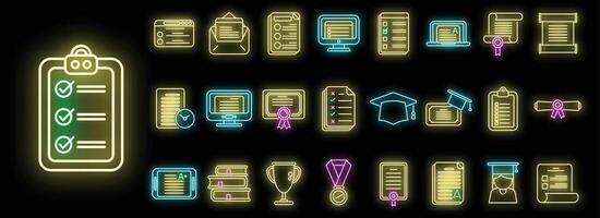 Final exam icons set vector neon