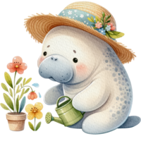 AI generated Gardener Manatee cute cartoon watercolor isolate png