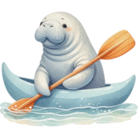 AI generated Manatee in a Kayak cute cartoon watercolor isolate png