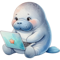 AI generated Manatee with a Laptop cute cartoon watercolor isolate png