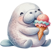 ai généré lamantin avec la glace crème mignonne dessin animé aquarelle isoler png