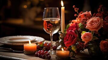 AI generated a candlelit dinner table with two glasses of wine and a bouquet of flowers in the center. photo