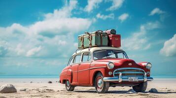 ai generado retro rojo coche con maletas en él, playa antecedentes foto