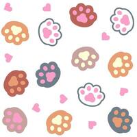 Colorful Cat paw with heart on white background seamless pattern, vector illustration