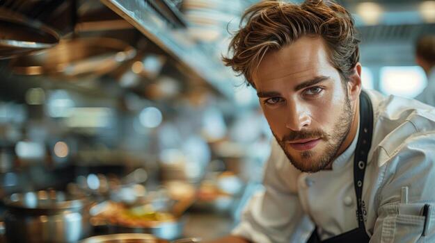 AI generated Chef in Uniform Leaning Over Counter photo