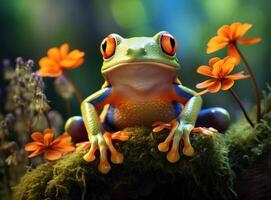 AI generated beautiful green tree frog smiling photo