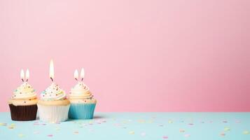 AI generated birthday holiday background, cakes with candles and copy space photo