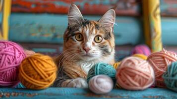 AI generated Cat Sitting Among Balls of Yarn photo