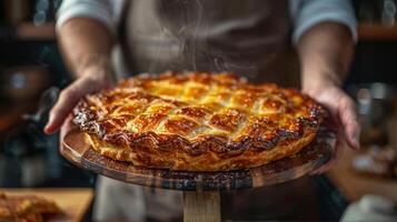 ai generado persona participación Pizza en de madera plato foto