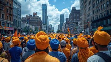 ai generado grande grupo de personas vistiendo naranja turbantes foto