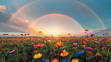 AI generated Flower Field With Rainbow Background photo