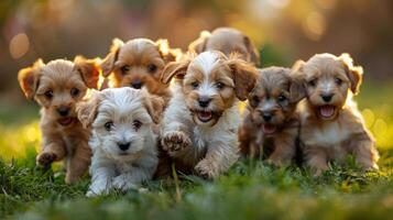 AI generated Group of Puppies Sitting on Lush Green Field photo