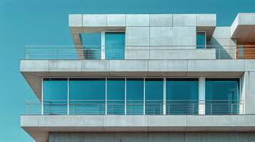 ai generado blanco edificio con naranja y azul ventanas foto