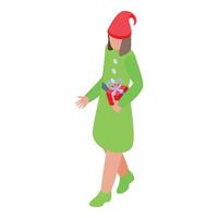 Female elf with present icon isometric vector. Gnome surprise gift vector