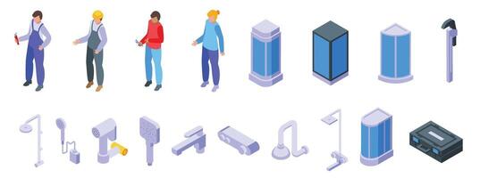 Fixing broken shower icons set isometric vector. Plumber worker vector