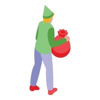 Elf with gifts bag icon isometric vector. Joyful tiny creature vector