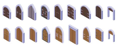 castillo portón íconos conjunto isométrica vector. medieval calabozo puerta vector