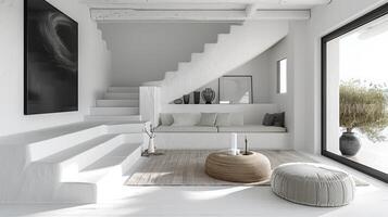 ai generado moderno vivo habitación con blanco sofá y escalera foto