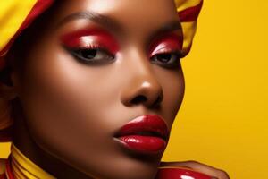 AI generated model beauty editorial, in the style of yellow and maroon, photo