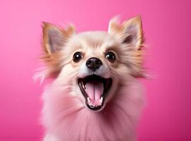 ai generado un perro es en pie en un rosado antecedentes con sus lengua fuera foto