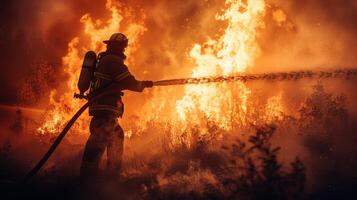 ai generado bombero confrontando masivo fuego foto