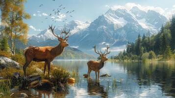 AI generated Two Deer Standing in Mountain Lake photo