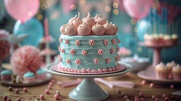 AI generated White Cake With Pink Icing and Gold Sprinkles photo