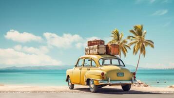 ai generado retro amarillo coche con maletas en él, playa antecedentes foto