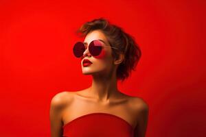 ai generado un mujer vistiendo Gafas de sol en contra un rojo antecedentes foto
