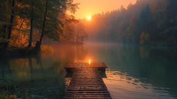 AI generated Dock Overlooking Lake Next to Forest photo