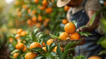 AI generated Man Harvesting Oranges From Tree photo