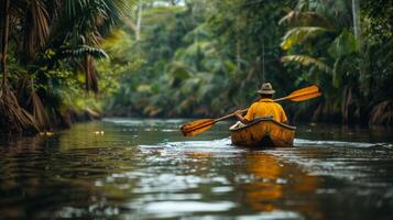 ai generado hombre remar canoa abajo río foto