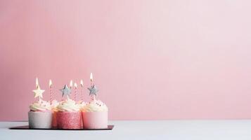 ai generado cumpleaños fiesta fondo, pasteles con velas y Copiar espacio foto
