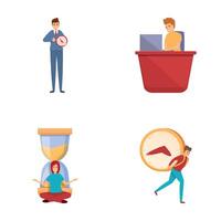 Time management icons set cartoon vector. Group of working people and big clock vector
