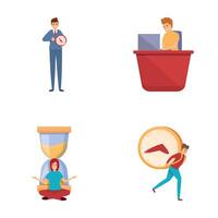 Time management icons set cartoon vector. Group of working people and big clock vector