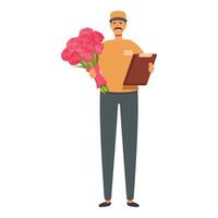 Fast floral present icon cartoon vector. Smiling courier at door vector