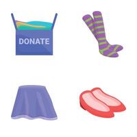 Clothes donation icons set cartoon vector. Cardboard box full of different thing vector