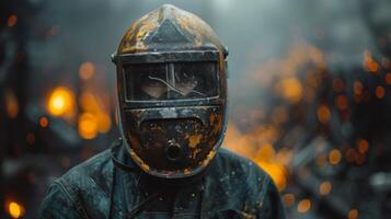 ai generado hombre vistiendo casco y cuero chaqueta foto