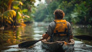 ai generado hombre remar canoa abajo río foto