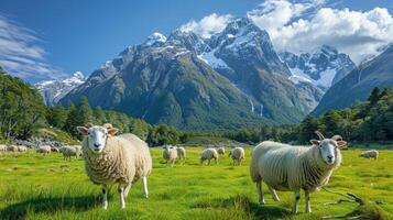 ai generado un manada de oveja pasto en un lozano verde campo foto