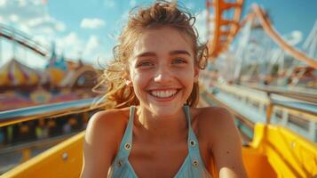 AI generated Woman Smiling on Roller Coaster Ride photo