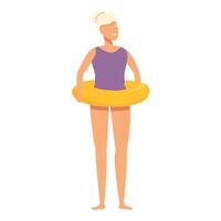 Happy senior woman in inflatable ring icon cartoon vector. Summer pool vector