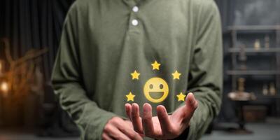 Concept satisfaction ,good feedback rating, customer review, happy smile relax face , think positive, assessment, , world mental health day, Calm mood, good mental health, good mood photo