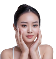 ai généré le frais asiatique Dame a radiant et lisse peau, sa main doucement émouvant sa affronter. png